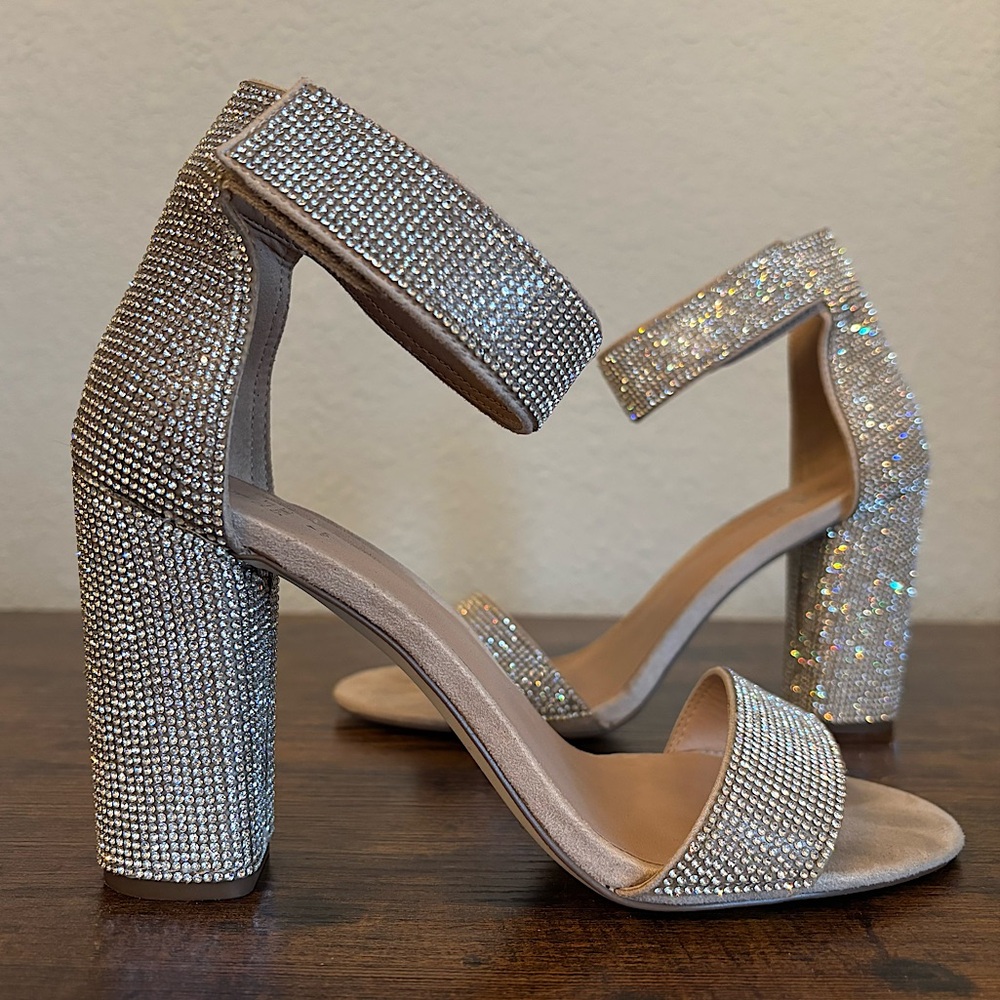 Call It Spring Formal Sparkly Rhinestone Strappy Block Heels Sandals Silver 8